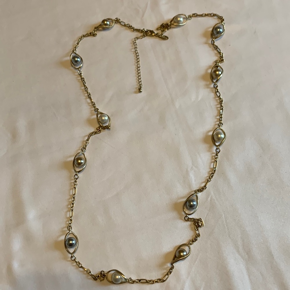 Lia Sophia Necklace, Gold Chain with white, gray and pink pearls.